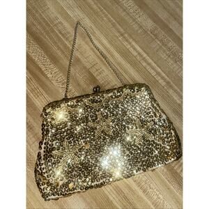 50s 60s Gold Sequins Beaded Evening Clutch Handbag Purse Chain Handle Japan